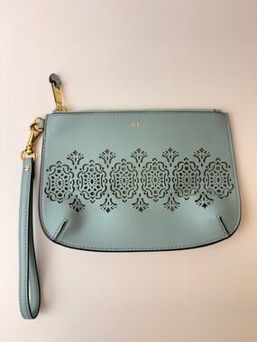 Lauren Ralph Lauren RLL Wristlet Clutch Blue Laser Cut Pouch Gold‎ Logo Zip